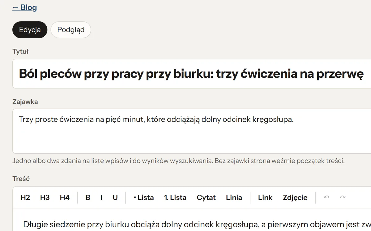 Edycja wpisu na blogu w mini CMS