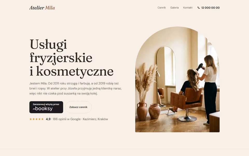 Strona salonu fryzjerskiego Atelier Mila na komputerze i na telefonie