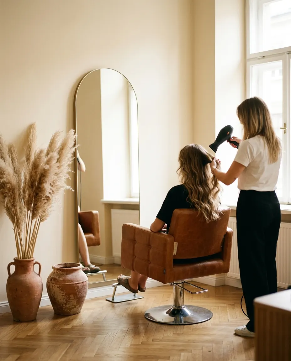 Wnętrze atelier: fryzjerka modeluje włosy klientki przy łukowym lustrze