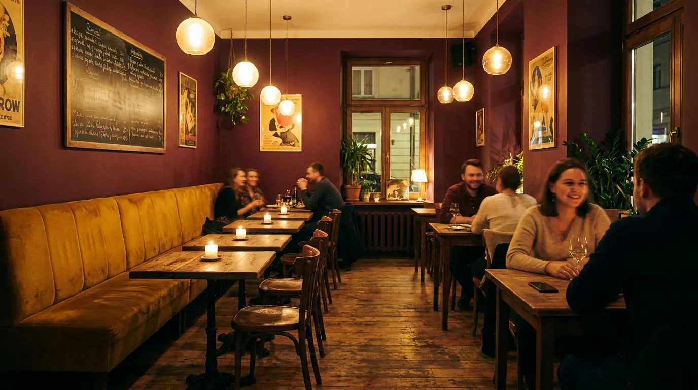 Wnętrze bistro wieczorem: bordowe ściany, lampy i goście przy stolikach