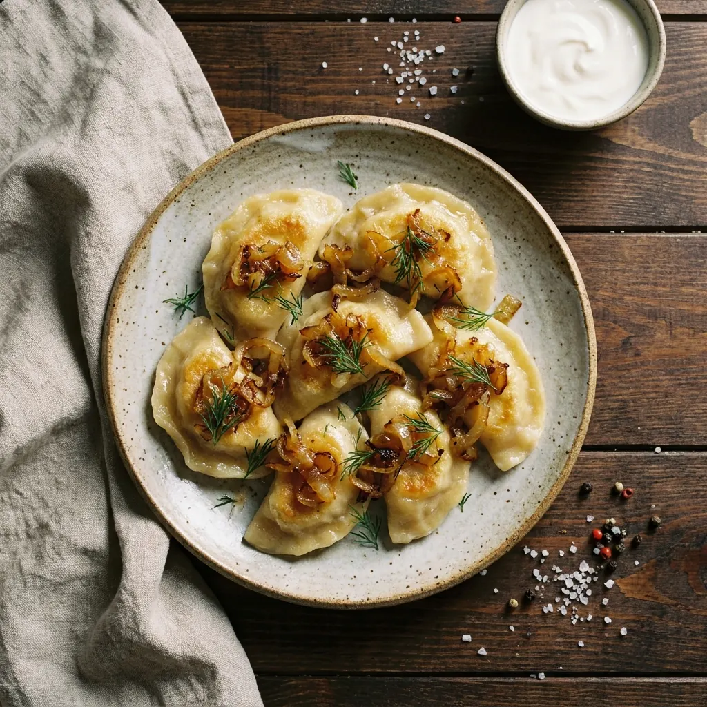Talerz pierogów ze smażoną cebulką i koperkiem