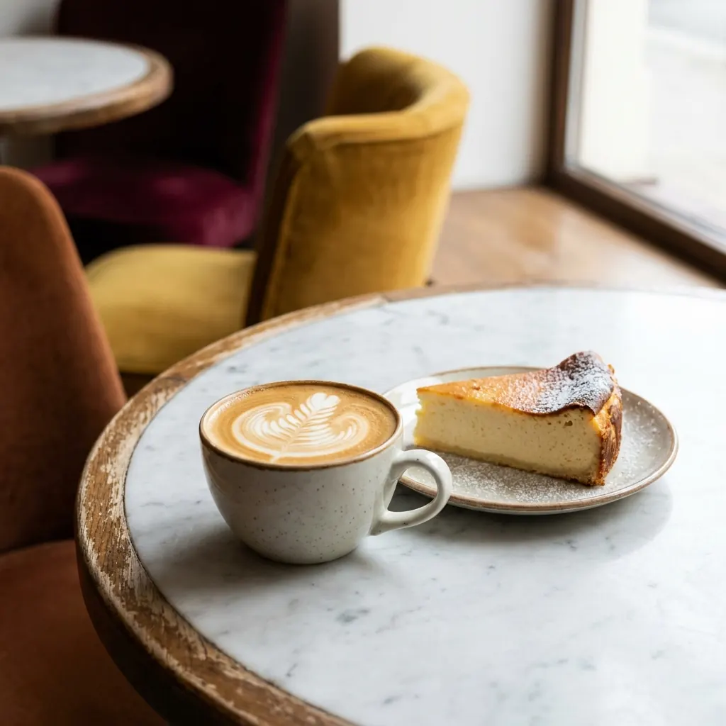 Cappuccino i kawałek sernika na marmurowym stoliku
