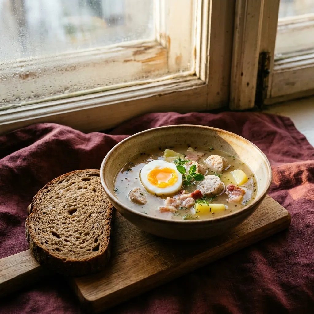 Miska żurku z jajkiem i białą kiełbasą