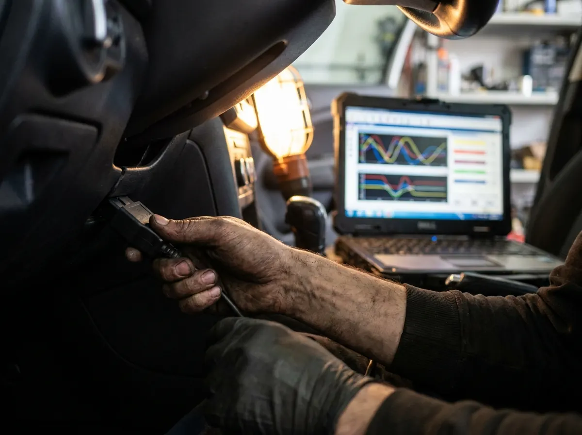 Mechanik podłącza komputer diagnostyczny do samochodu