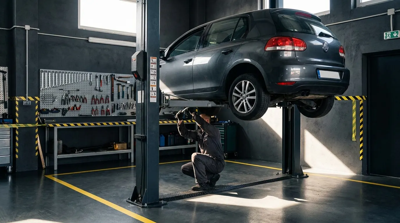 Samochód na podnośniku w warsztacie, mechanik przy pracy