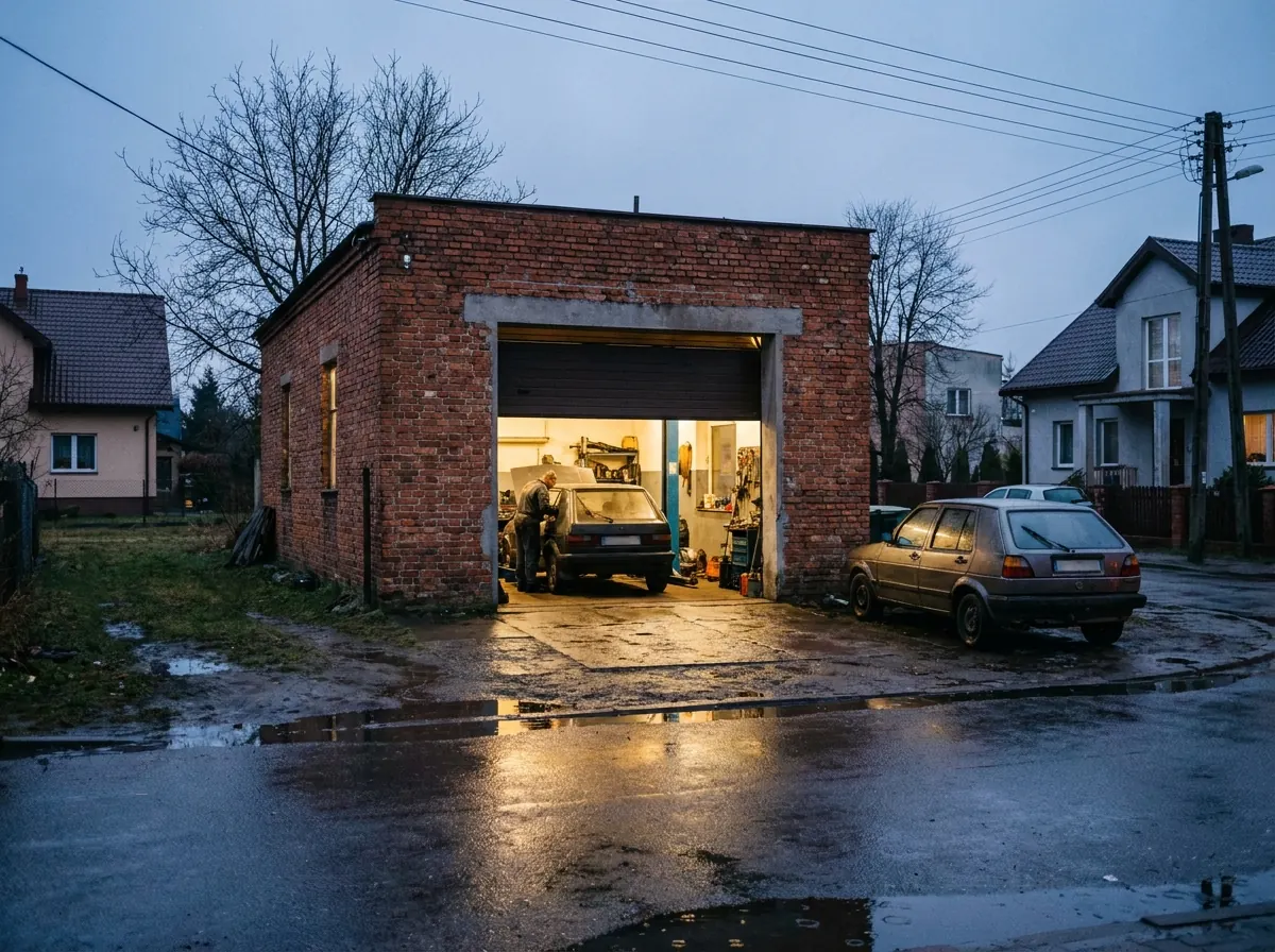 Warsztat z otwartą bramą wieczorem