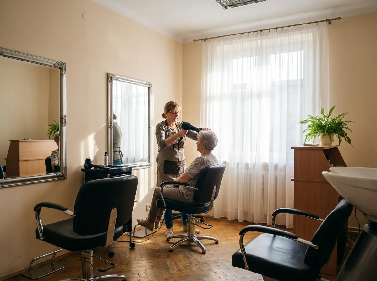 Wnętrze salonu: fryzjerka modeluje włosy klientki