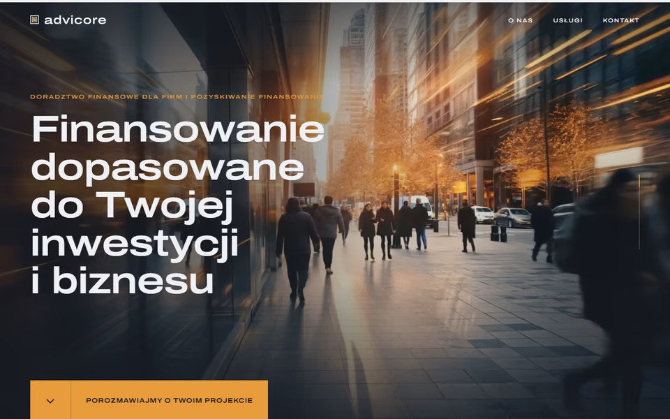 Strona ADVICORE na komputerze: nagłówek „Finansowanie dopasowane do Twojej inwestycji i biznesu”